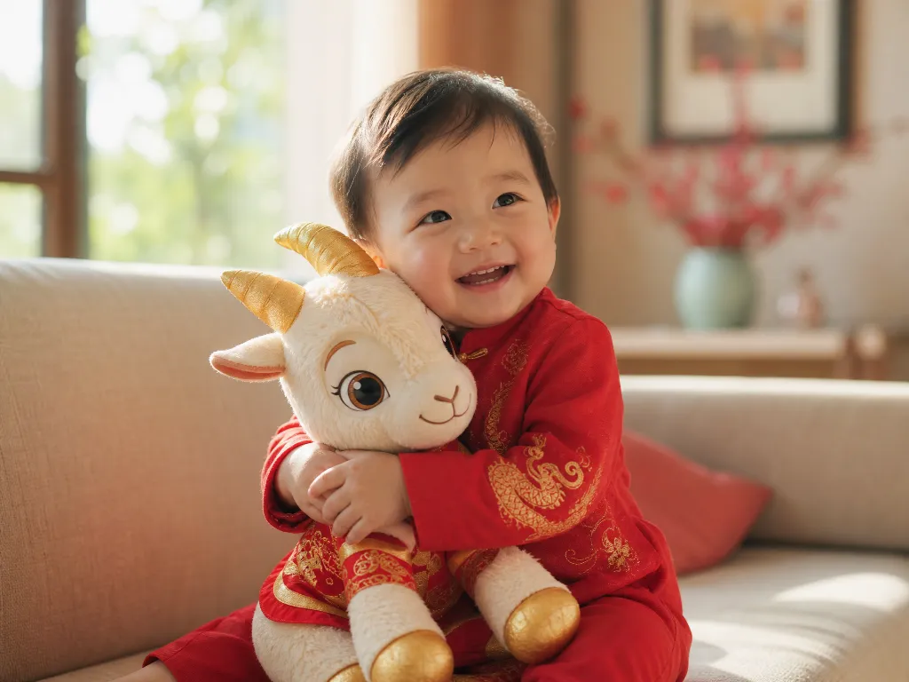 Smiling baby in a red outfit hugging a golden goat plush toy