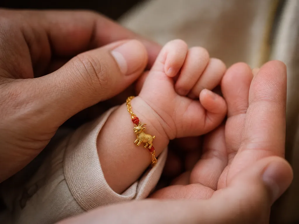 Parent holding a newborn's hand wearing a gold goat charm bracelet with red string